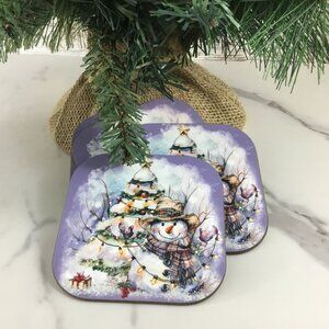 Rustic Snowman with Christmas Tree Hardboard Coasters Set of 4